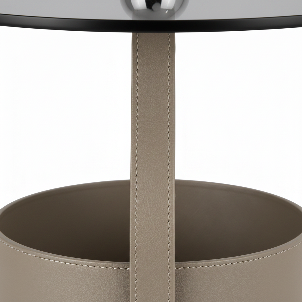 Close-up of the saddle-leather base, stitching, and curved support on the Lorisse End Table