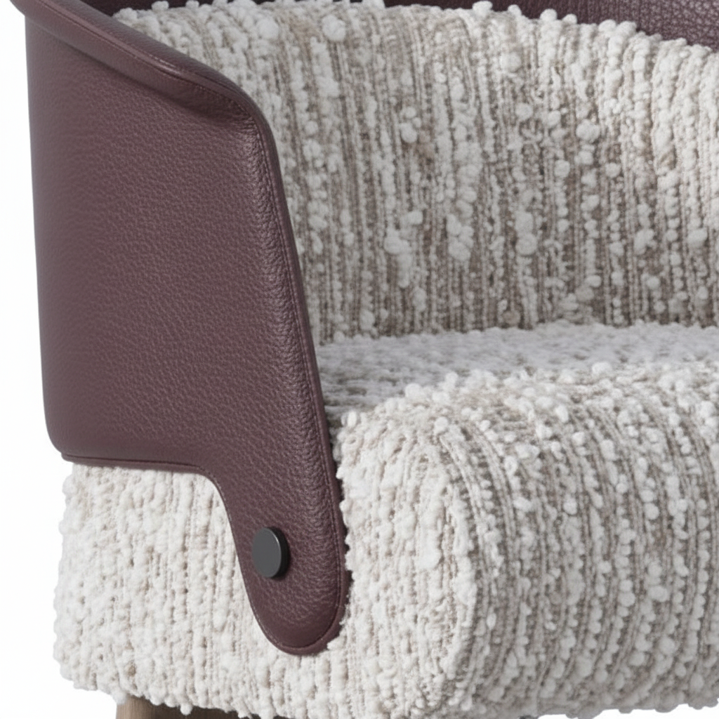Mavero accent chair white boucle fabric and plum brown leather trim detail