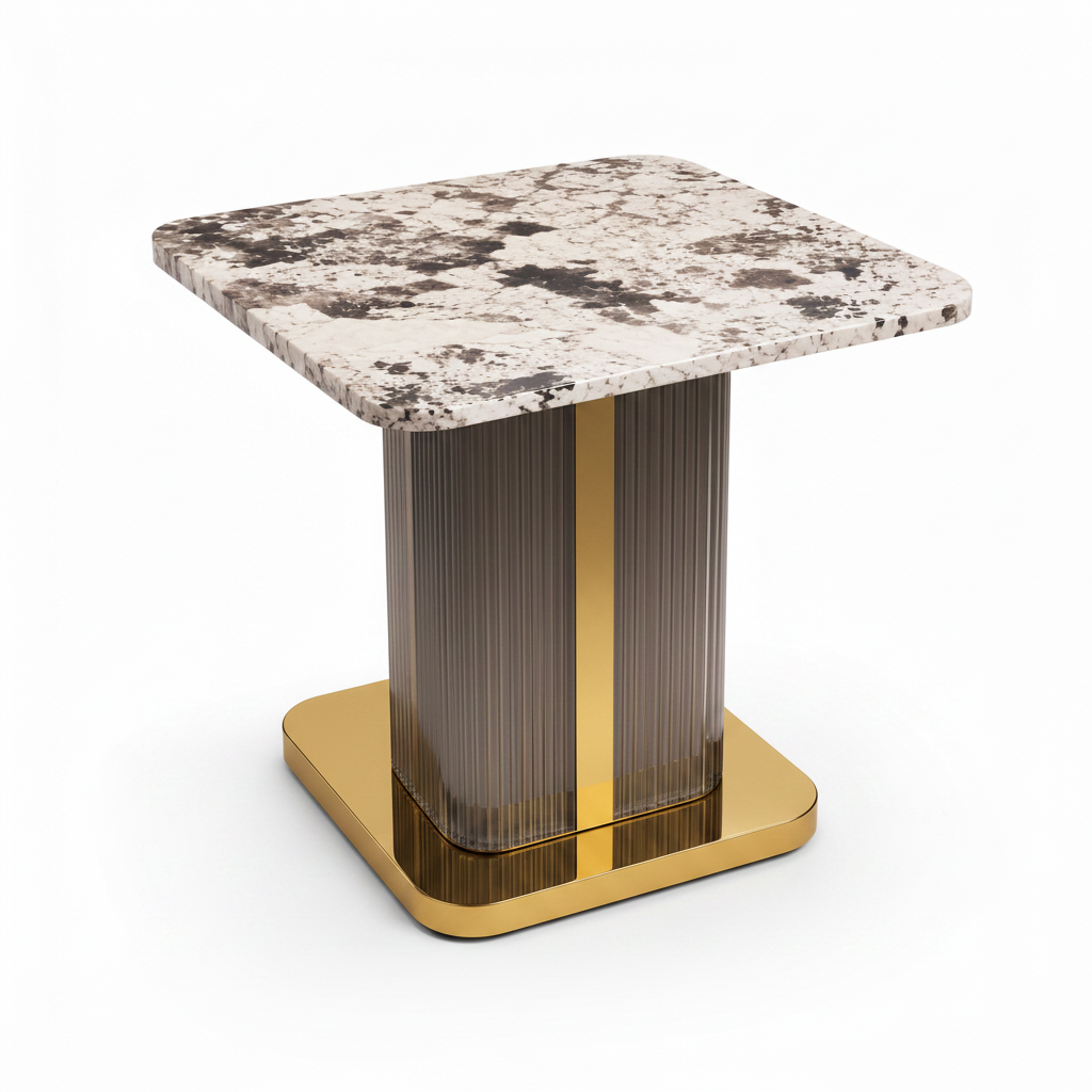 Talmere End Table square top, fluted pedestal, and gold base, 45 degree side view