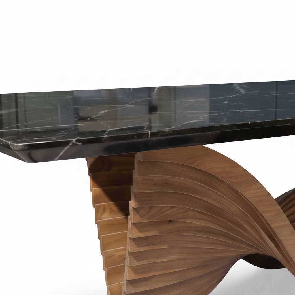 Varenne Marble Dining Table marble tabletop edge and layered solid ash wood support detail on a white background