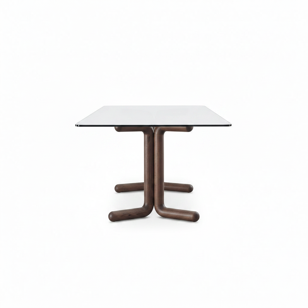 Lenora Marble Dining Table in a 90-degree end-on view with four L-shaped legs