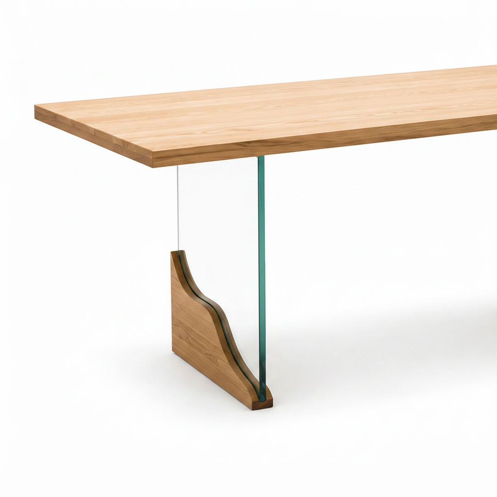 Close-up of Odrisse Dining Table curved elm wood base and glass support