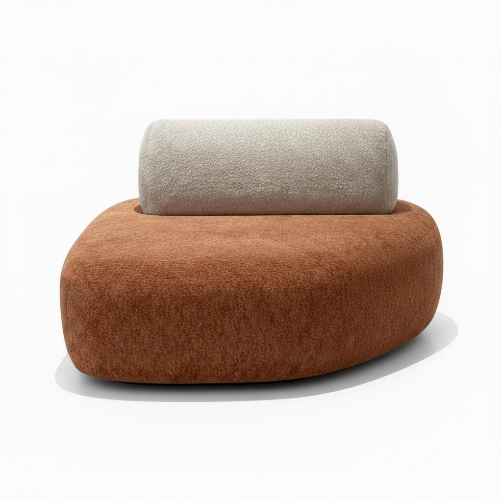 Close-up of the terracotta brown fabric texture, rounded seat edge, and cream back cushion on the Lacour sectional chaise.