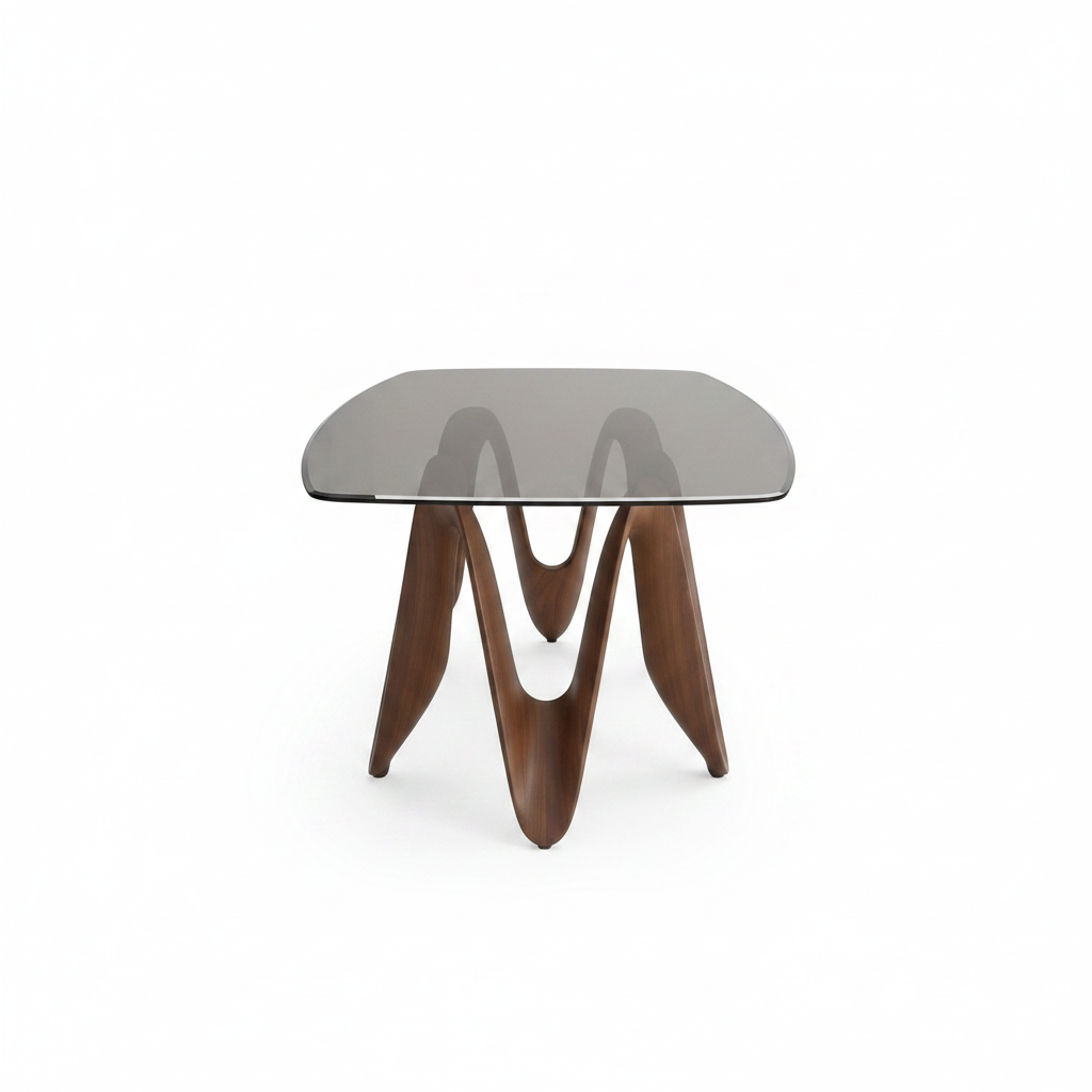 Sorrento Dining Table with dark gray translucent glass top, 90-degree end view on white background