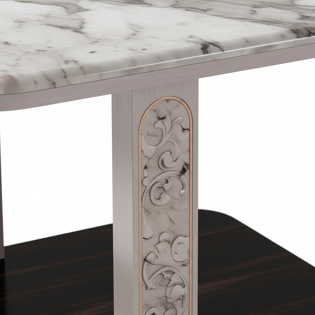 Cevrano End Table ornate carved support, marble edge, and glossy black shelf extreme close-up