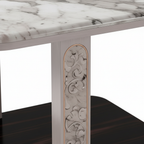 Cevrano End Table ornate carved support, marble edge, and glossy black shelf extreme close-up