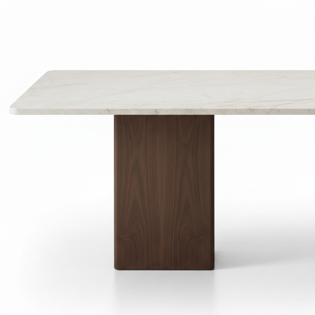 Close-up of Lunavere Dining Table stainless steel leg and tabletop connection
