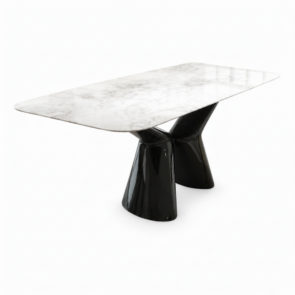 Sylvere Dining Table in marble and stainless steel, front-right 45-degree view on white background