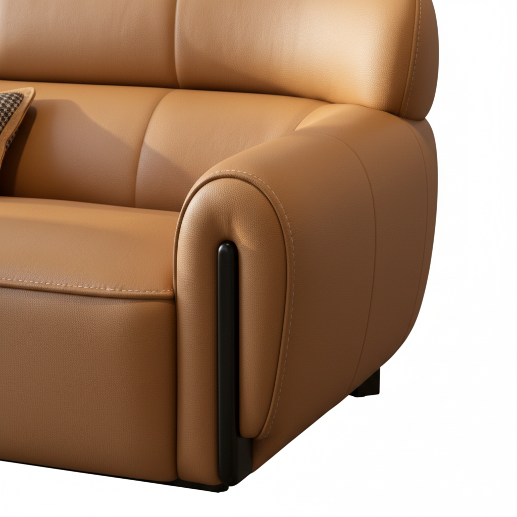Close-up of the right armrest, piping, and narrow black accent on the Mavero Leather Sofa