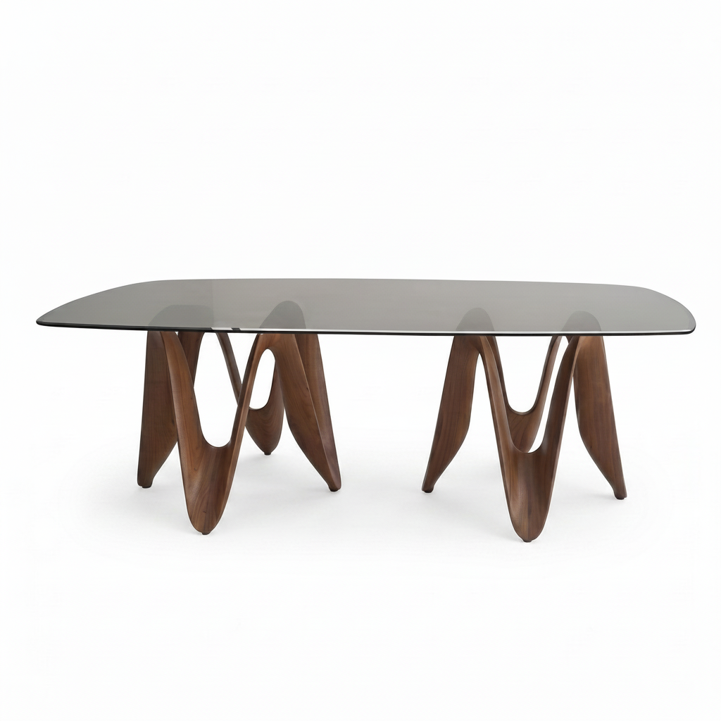 Sorrento Dining Table with dark gray translucent glass top, straight front view on white background