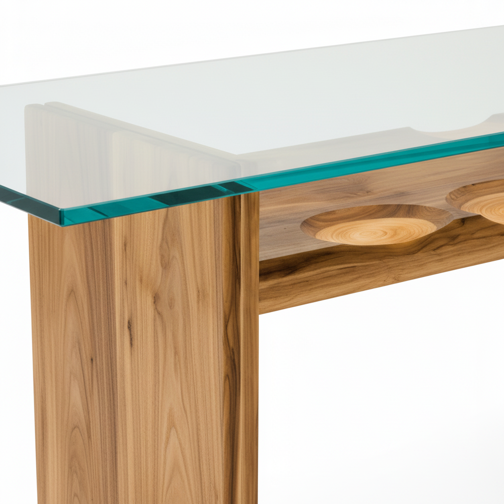 Close-up of Rensaro Dining Table wood leg and tabletop connection