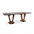 Bellerose Marble Dining Table 45-degree right-facing view with dark veined marble top and bronze sculptural loop bases on a white background