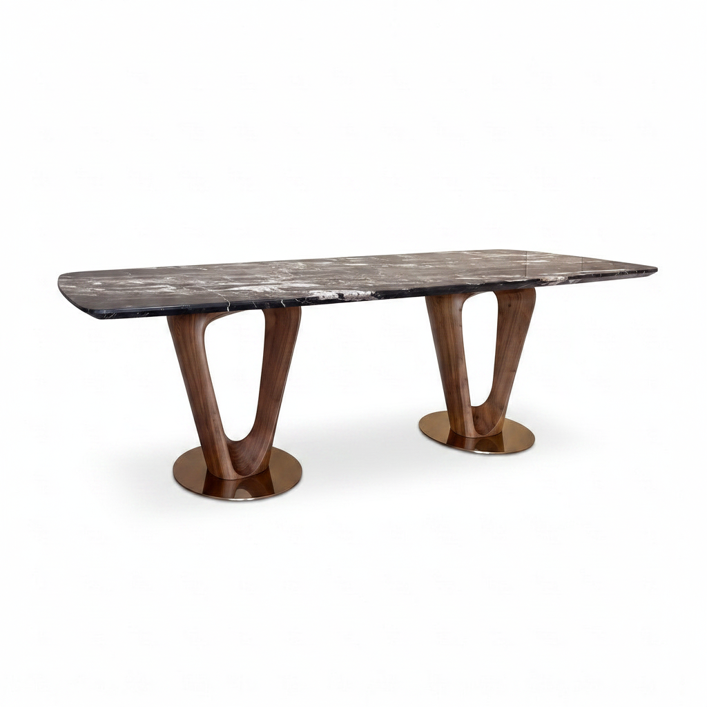 Bellerose Marble Dining Table 45-degree right-facing view with dark veined marble top and bronze sculptural loop bases on a white background