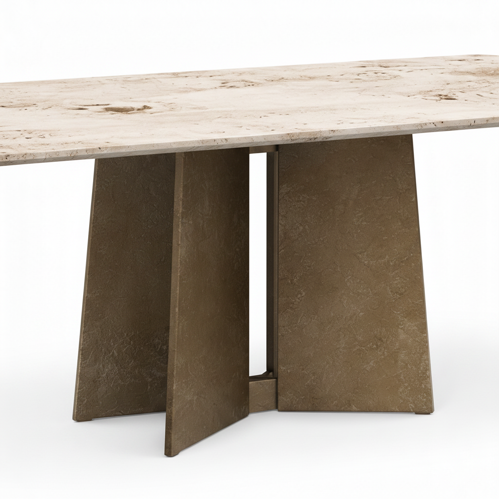 Close-up of Cavelle Dining Table carbon steel base and tabletop connection on white background