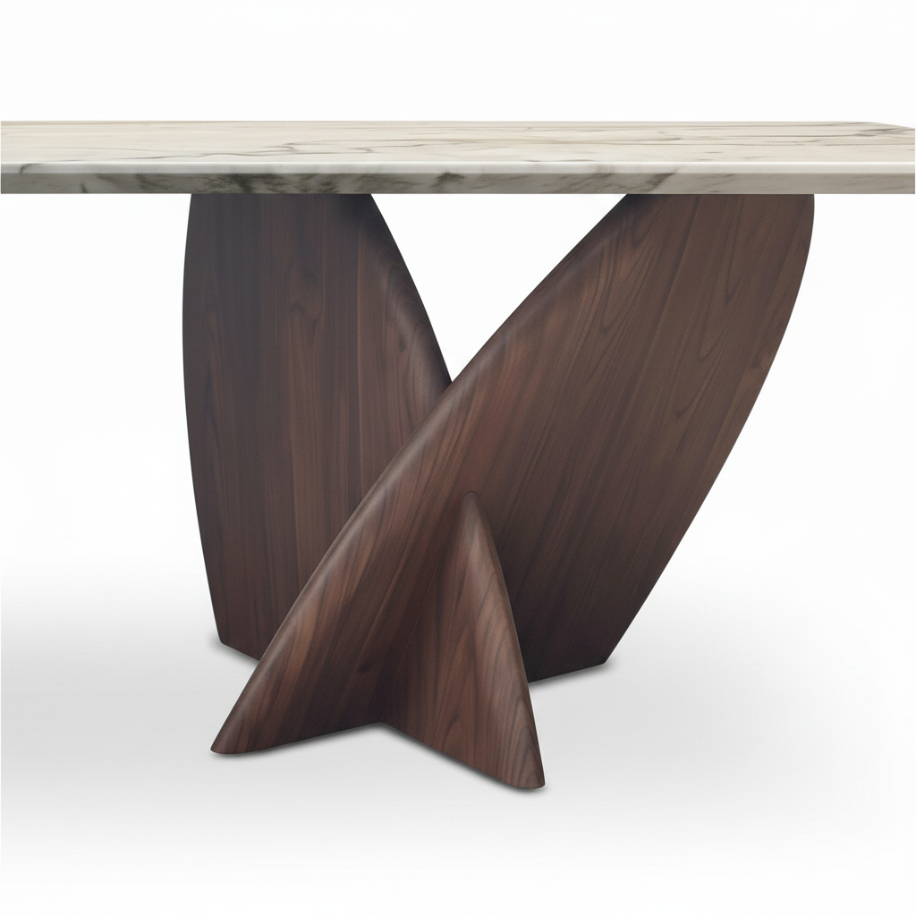 Close-up of Avellino Marble Dining Table crossed solid wood panels, wood grain, and underside tabletop connection