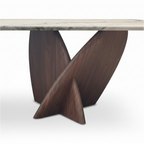 Close-up of Avellino Marble Dining Table crossed solid wood panels, wood grain, and underside tabletop connection