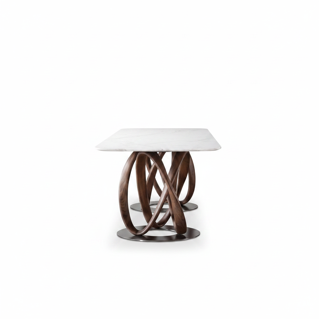 Marcelline Dining Table true 90-degree end-on side view showing the narrow marble top and intertwined wood support