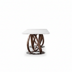 Marcelline Dining Table true 90-degree end-on side view showing the narrow marble top and intertwined wood support