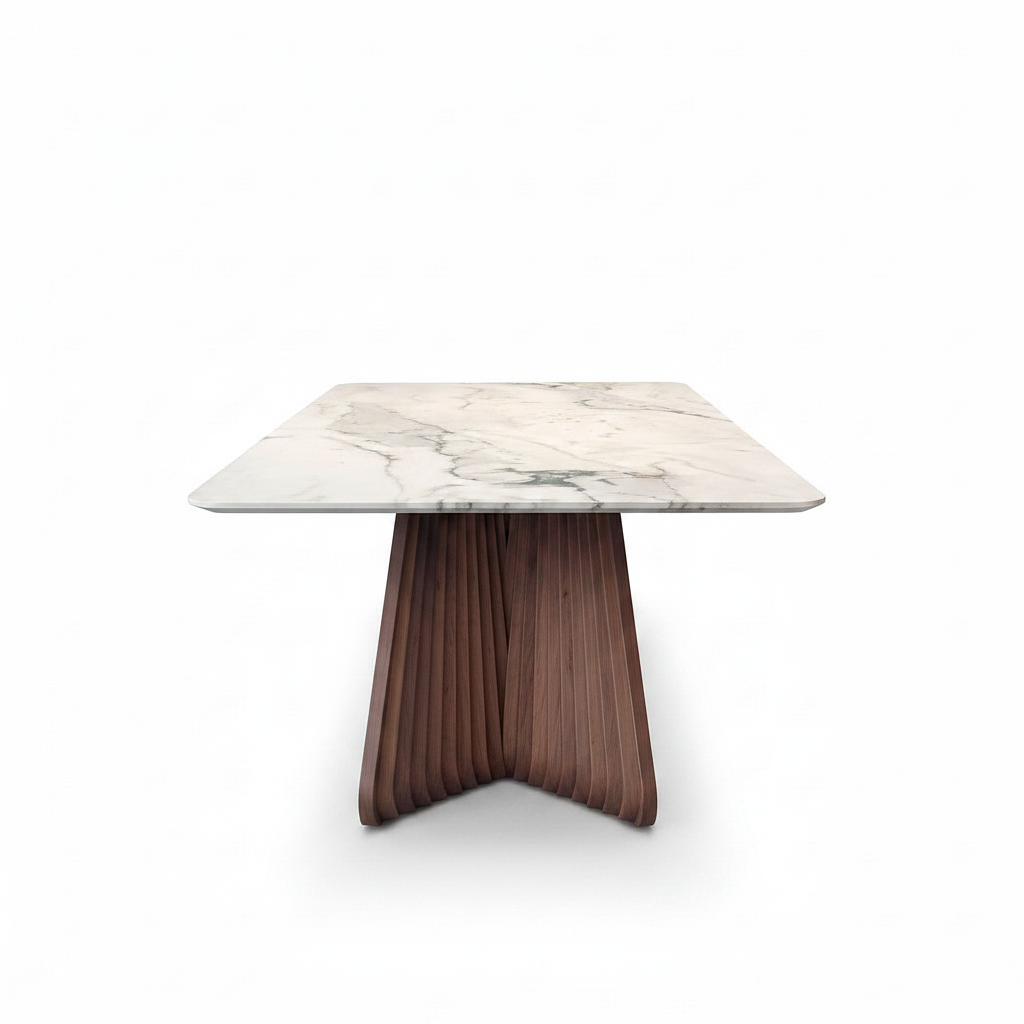 Caelina Marble Dining Table in a 90-degree side view with vertical wood grain on the legs