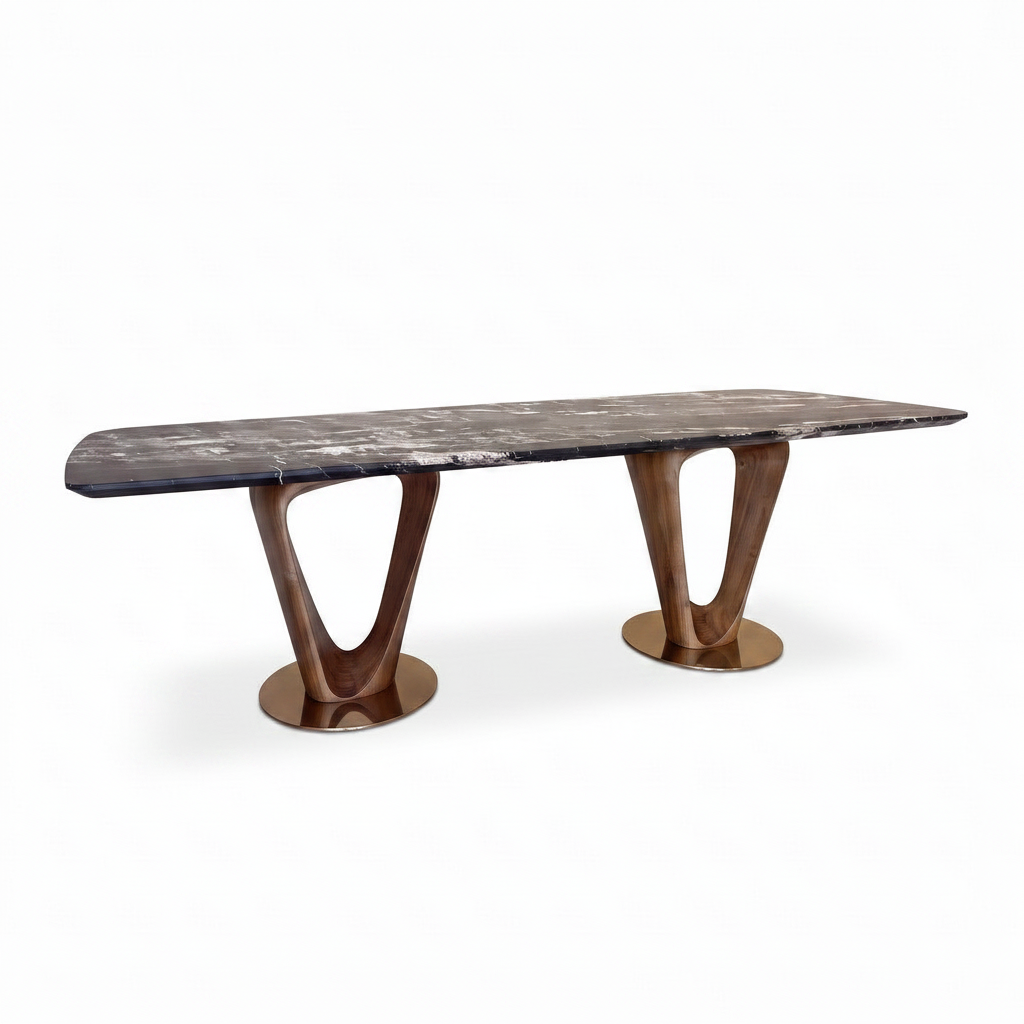 Beaumont Marble Dining Table in dark marble and solid ash wood, 45-degree front-right view on a white background