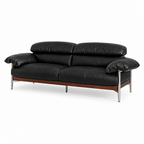Marqueza Sofa black leather and wood base, wider right-front 45-degree view