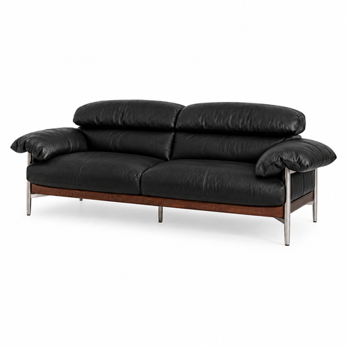 Marqueza Sofa black leather and wood base, wider right-front 45-degree view