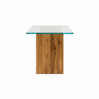 Rensaro Dining Table with glass top and wood base, 90-degree side view