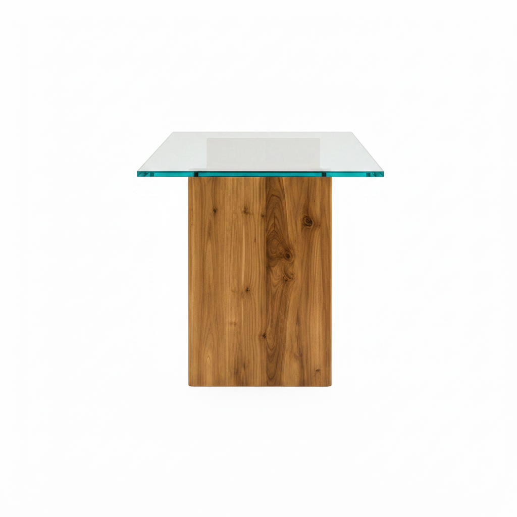 Rensaro Dining Table with glass top and wood base, 90-degree side view