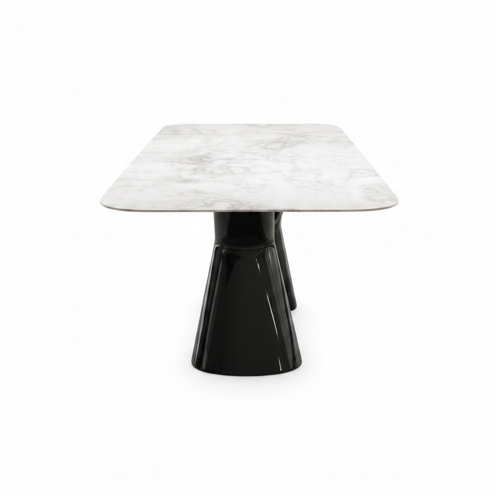 Sylvere Dining Table in marble and stainless steel, 90-degree side view on white background