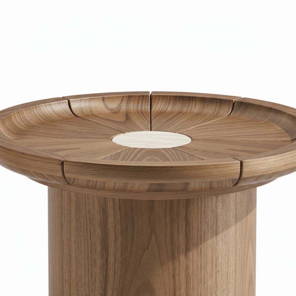Westvale End Table on a white background, close-up detail of cylindrical pedestal and tabletop join