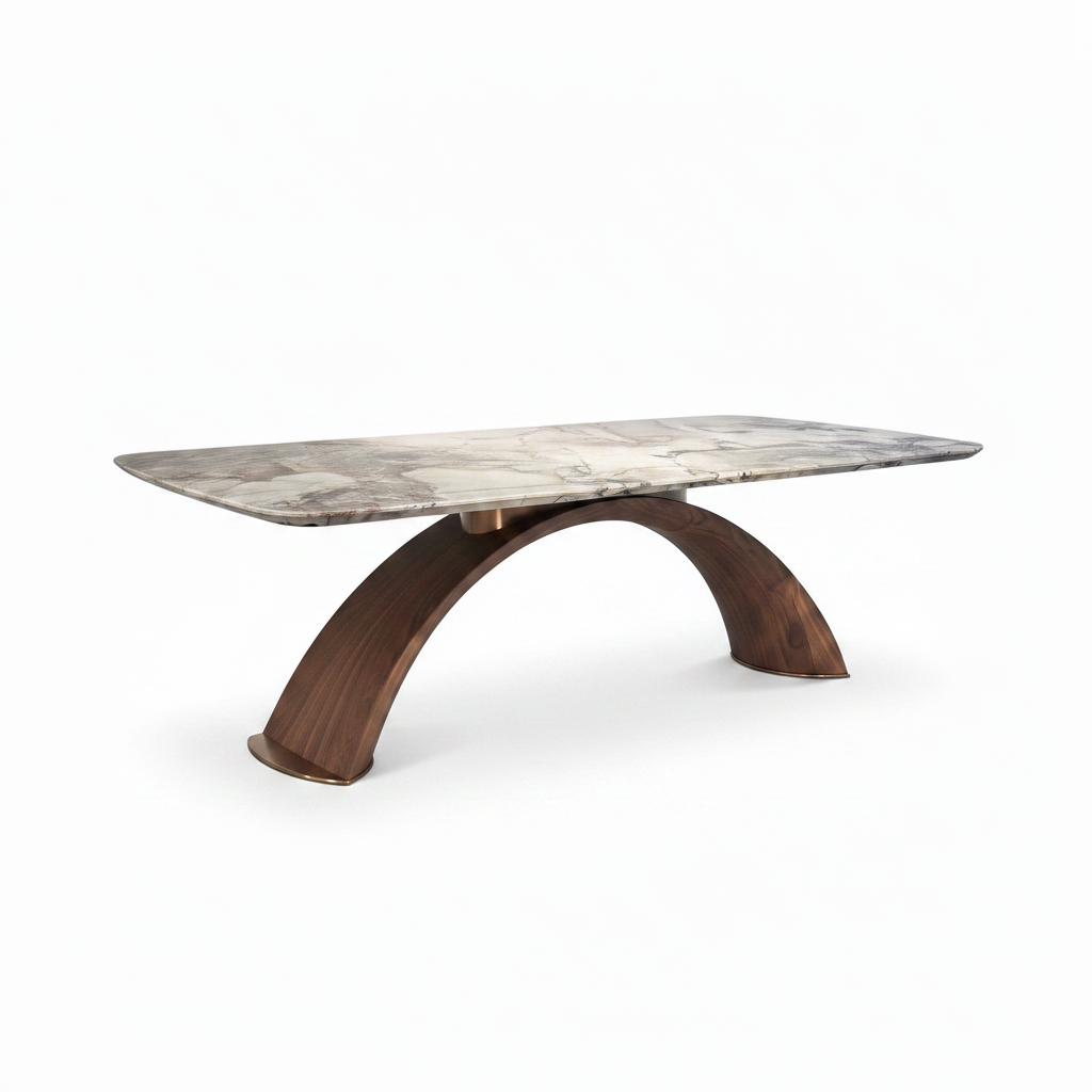 Corvella Marble Dining Table in ash wood and natural marble, front-right 45-degree view on white background