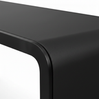 Close-up of the long black leather tabletop and rounded edge on the Larsen Noir End Table