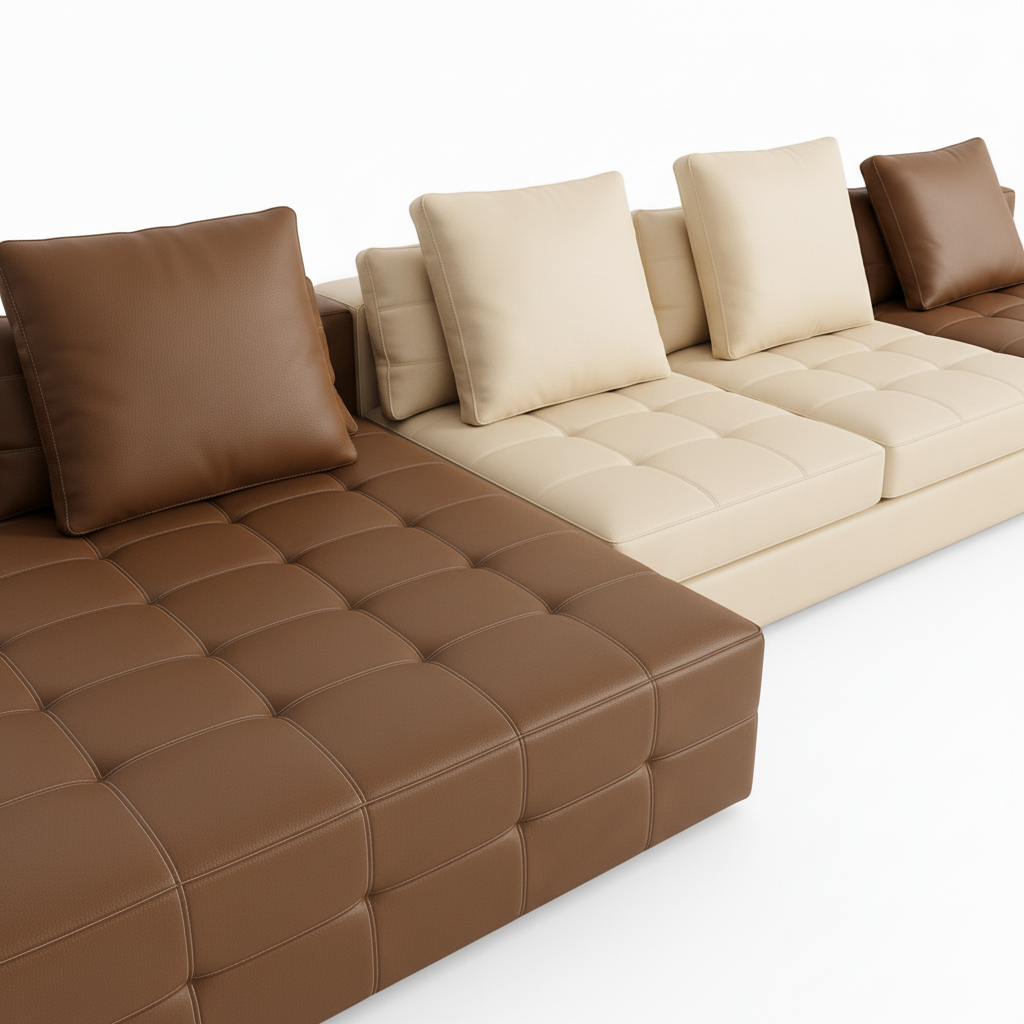 Brenoir Noir Sofa upholstery detail showing brown and ivory leather grain, tufted seams, cushions, and modular seating on white