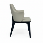Julienne Dining Chair with light greige upholstery and black wood, 90-degree side view on white background