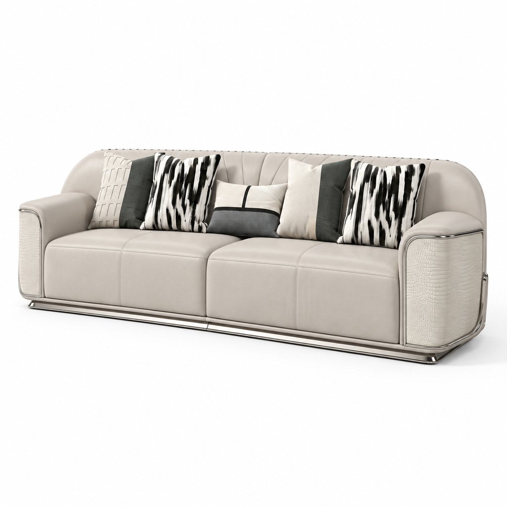 Ardellon Sofa ivory leather and patterned cushions, wider right-front 45-degree view