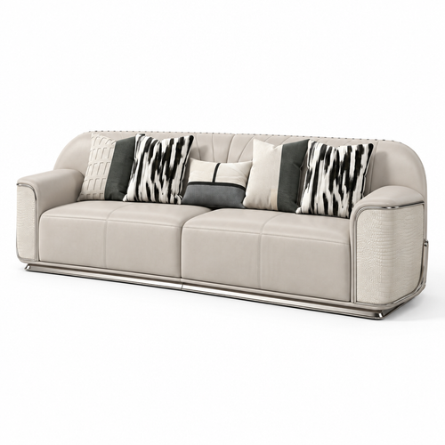 Ardellon Sofa ivory leather and patterned cushions, wider right-front 45-degree view