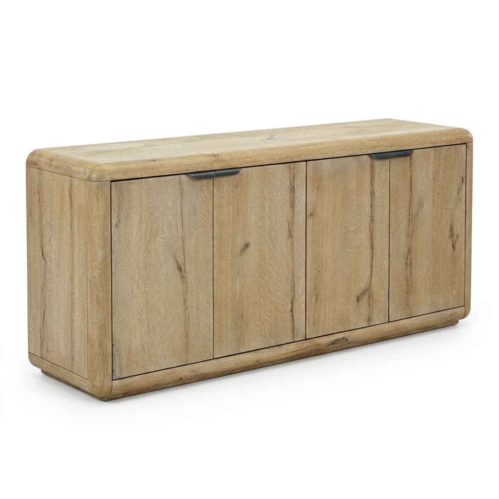 Solenne Arc TV Console with rounded corners and natural wood grain, left-front view