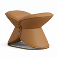 Mavero vanity stool right-side view with opening facing left, caramel brown leather