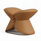 Mavero vanity stool right-side view with opening facing left, caramel brown leather