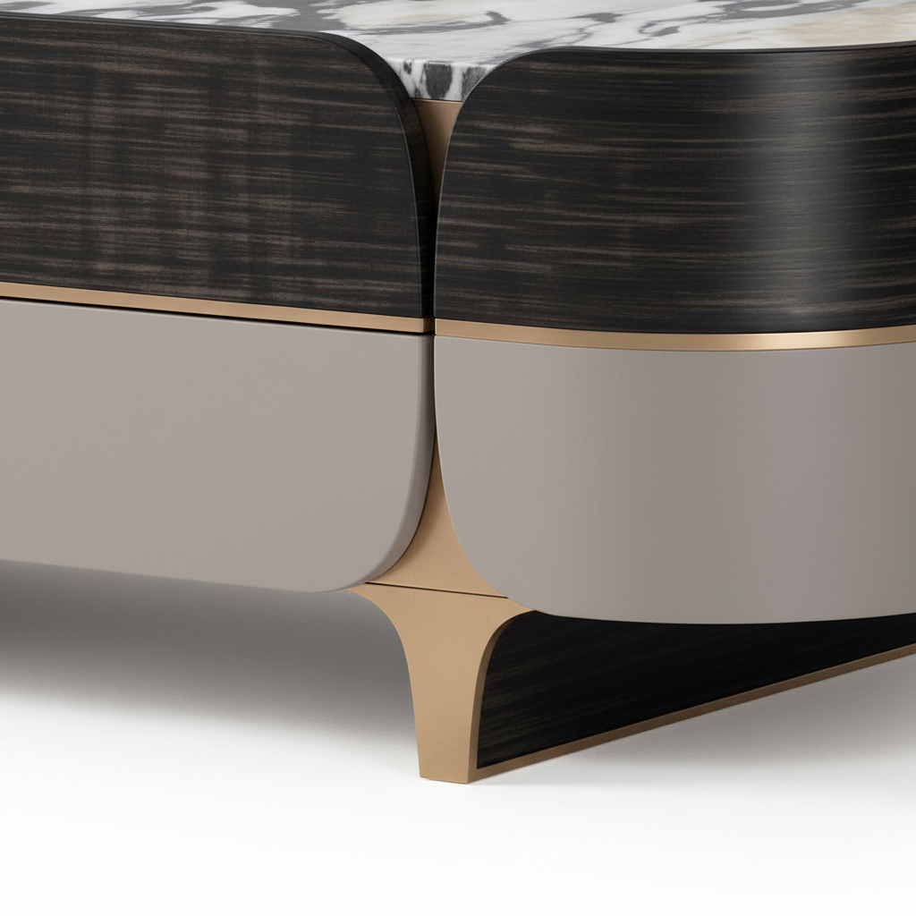 Cyrmont Coffee Table gold support and black wood veneer connection detail
