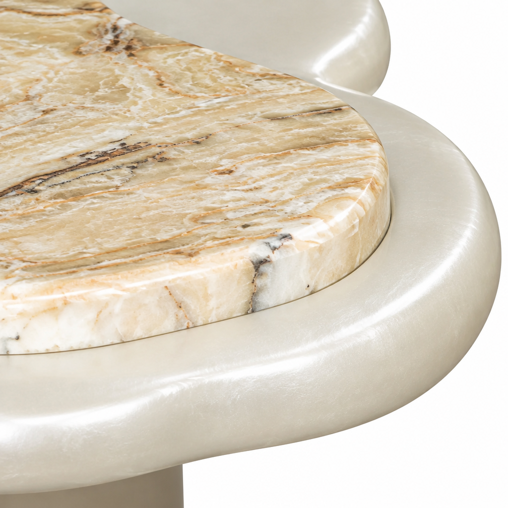 Sirene End Table Creamy Pearl close-up of cream and tan veined tabletop inset and rounded pearl edge.