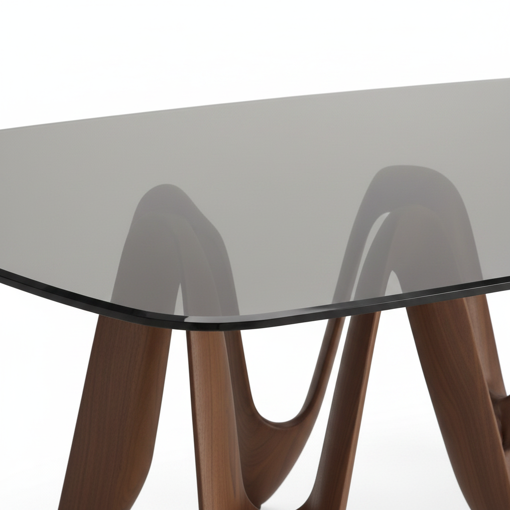 Close-up of Sorrento Dining Table translucent dark gray glass edge and ash wood support on white background