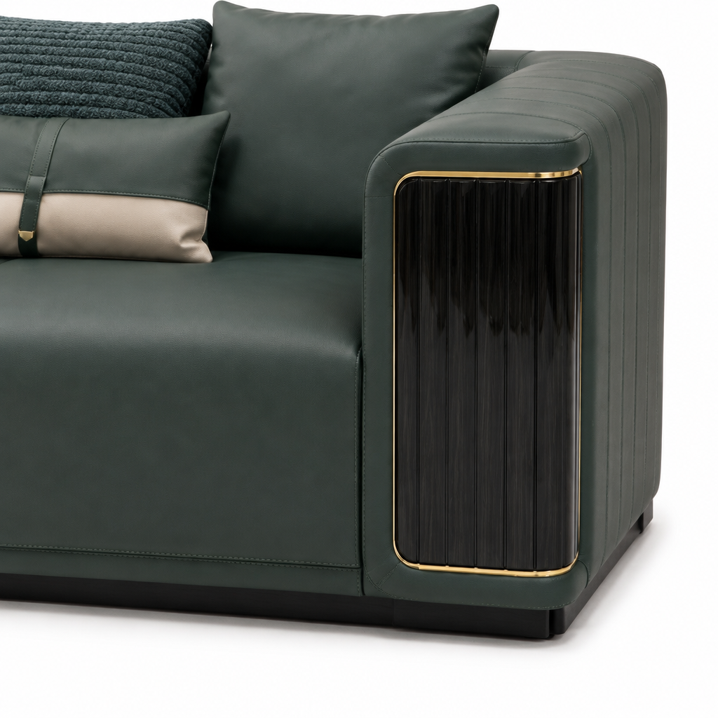Rovessa Loveseat deep green leather arm, gold trim and black base close-up