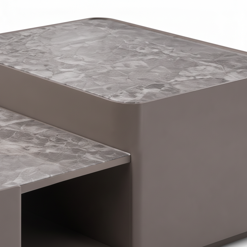 Luscaris Coffee Table wood veneer base and open-shelf connection detail