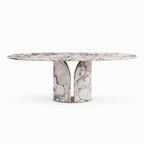 Alveron marble dining table straight front view with open pedestal