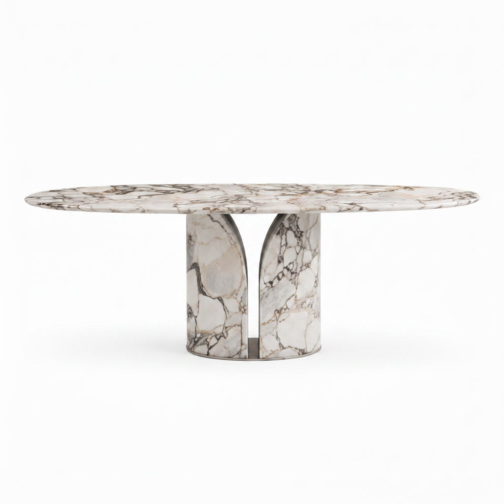 Alveron marble dining table straight front view with open pedestal
