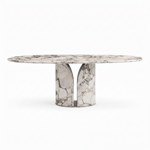 Alveron marble dining table straight front view with open pedestal