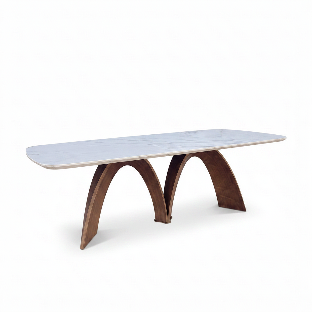 Cressida Marble Dining Table in ash wood and marble, natural front-right 45-degree view on white background