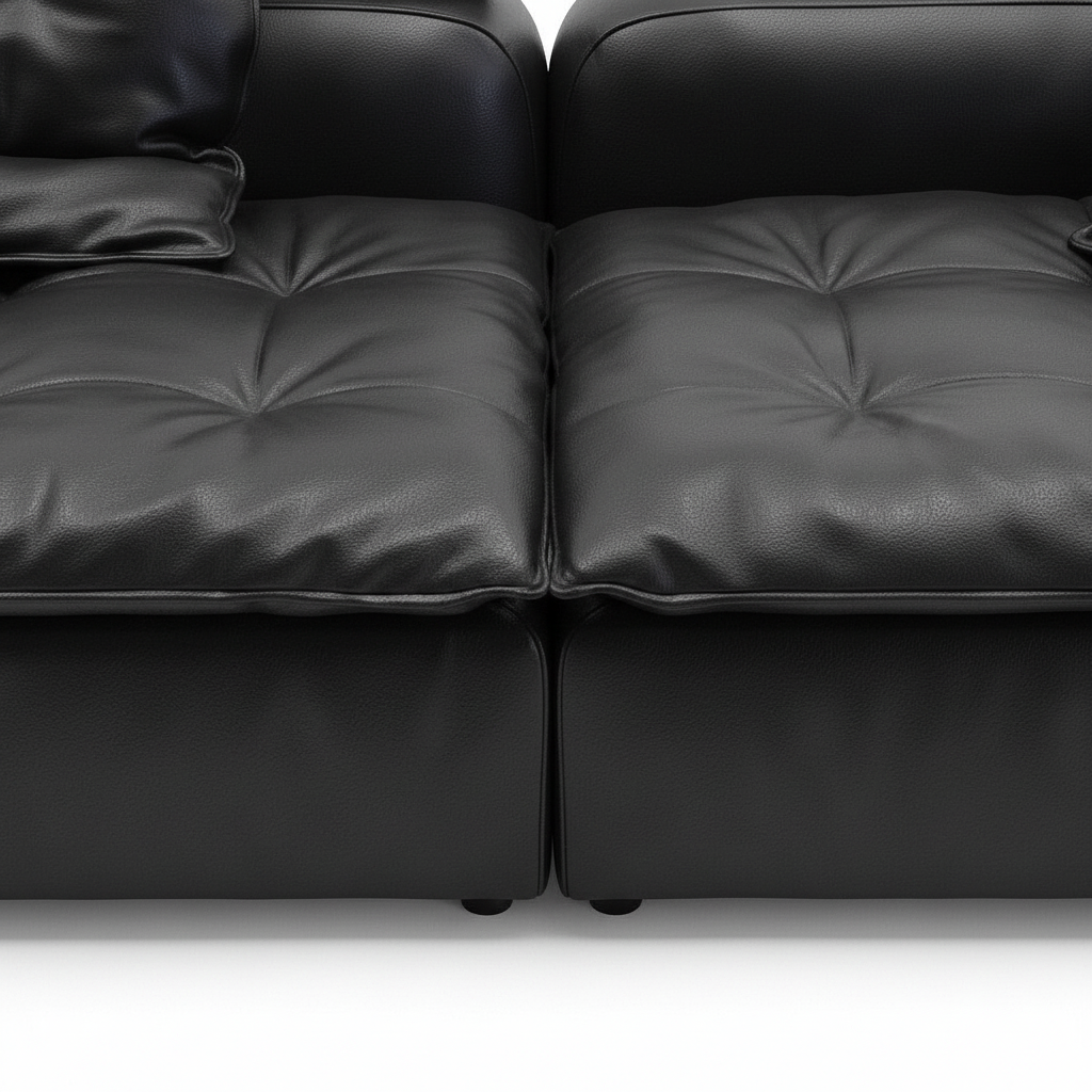 Evarique Sofa black leather seat cushion texture and center seam detail