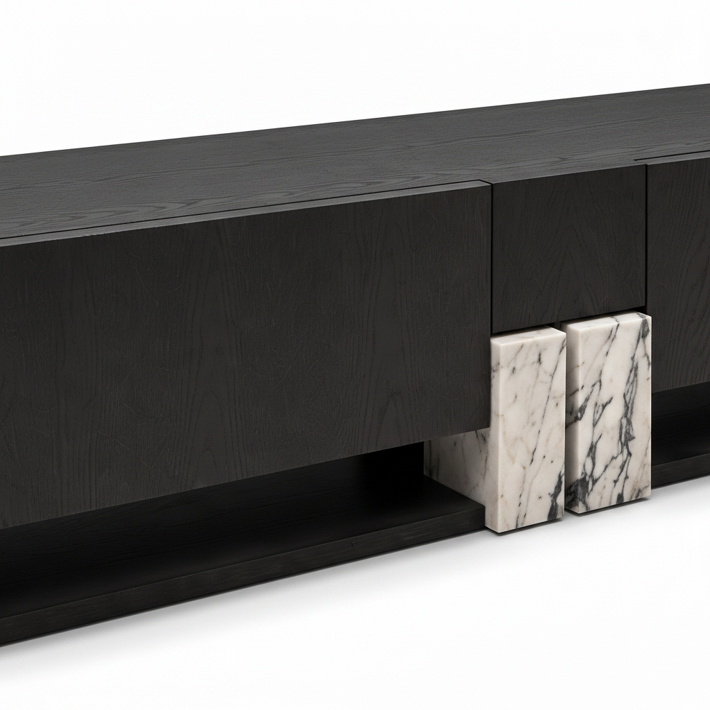 Kairis TV Stand on a white background, close-up detail of marble supports and metal base